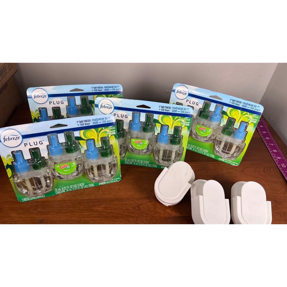 Febreze Plug Gain Original 12 Oil Refills New + 3 Warmers Air Freshener Bundle